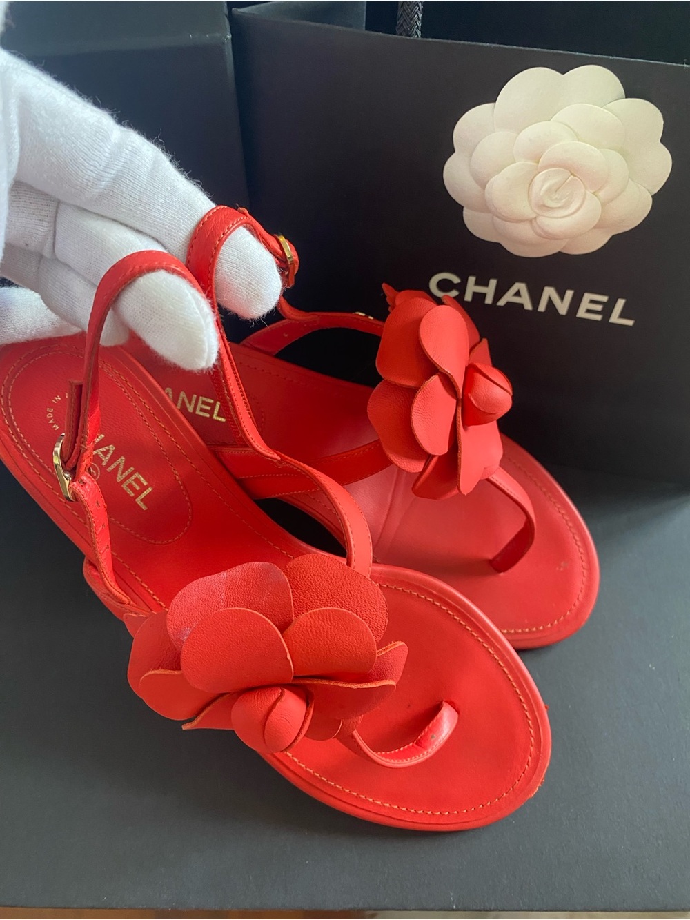 CHANEL Orange Camellia Leather Thong Sandals